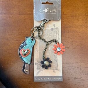 Chala Teal Bird Keychain with Coral Flower Accent